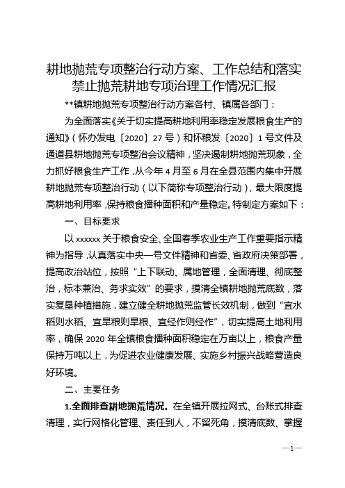 耕地抛荒专项整治行动方案、工作总结和落实禁止抛荒耕地专项治理工作情况汇报