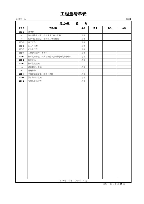 工程量清单表格