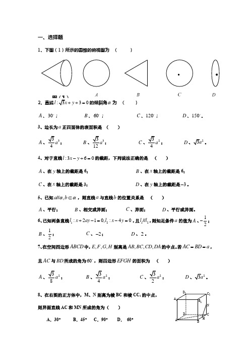 高中数学空间几何专题练习(供参考)