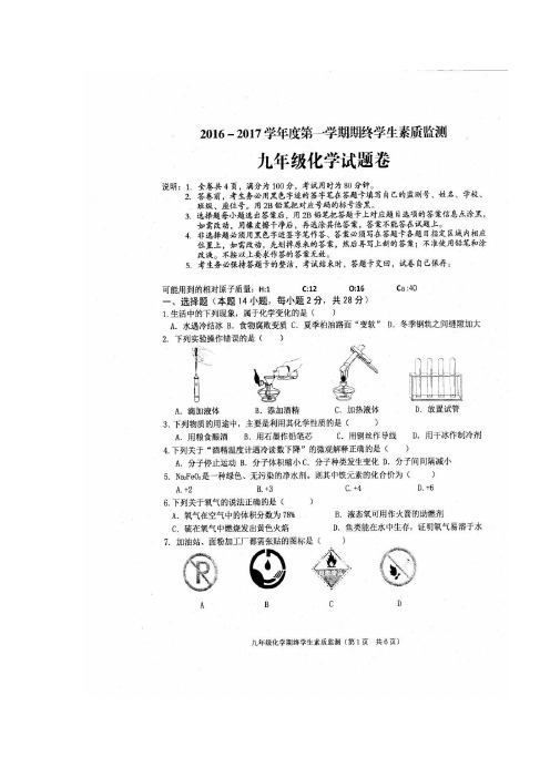 广东省普宁市2017届九年级上学期期末考试化学试题(图片版)(附答案)$767766