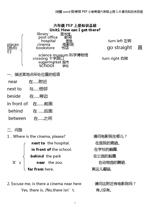 (完整word版)新版PEP小学英语六年级上册1-6单元知识点总结