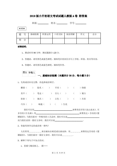 2019版小升初语文考试试题人教版A卷 附答案