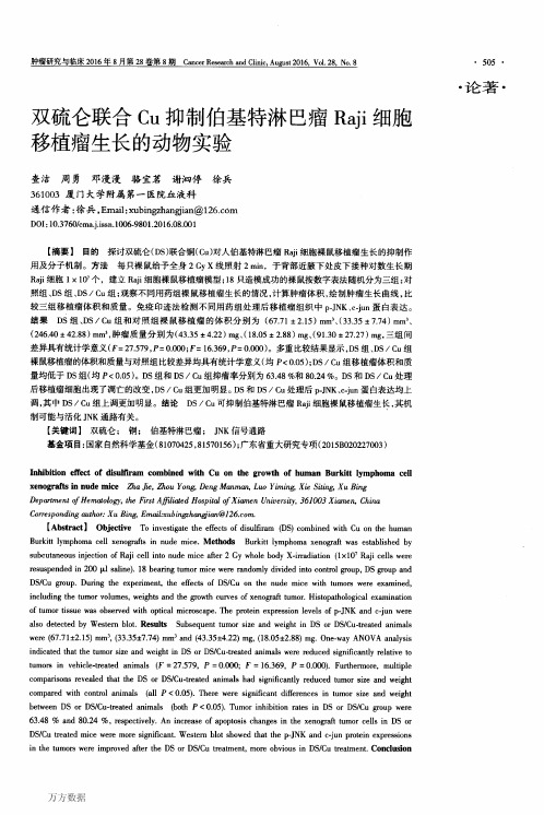 双硫仑联合Cu抑制伯基特淋巴瘤Raji细胞移植瘤生长的动物实验论文