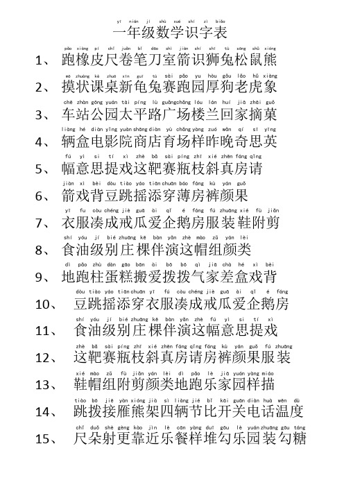 一年级数学识字表(注音版)