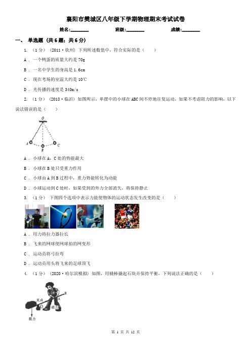 襄阳市樊城区八年级下学期物理期末考试试卷