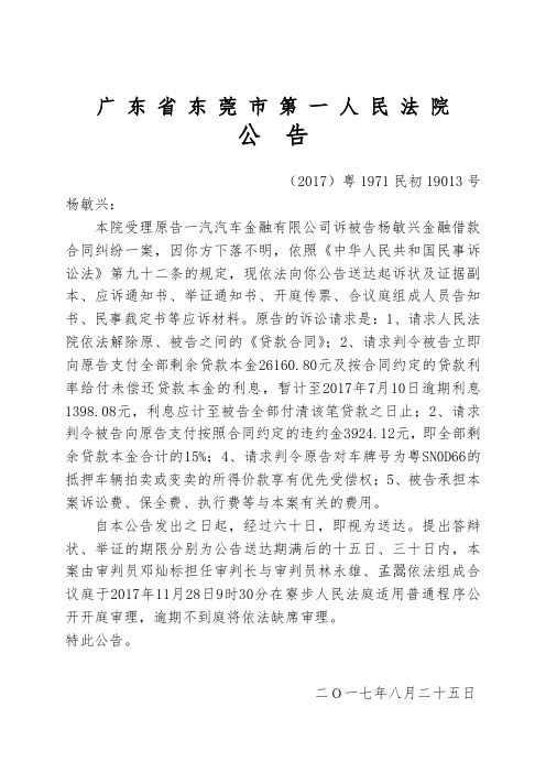 广东省东莞市第一人民法院公告.doc