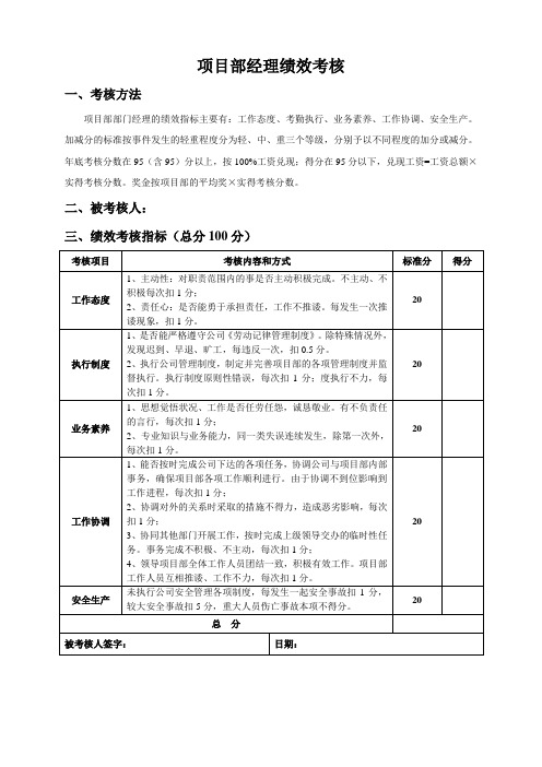 项目类管理人员KPI绩效考核表