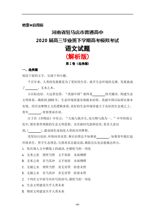 2020届河南省驻马店市普通高中高三下学期高考模拟考试语文试题(解析版)