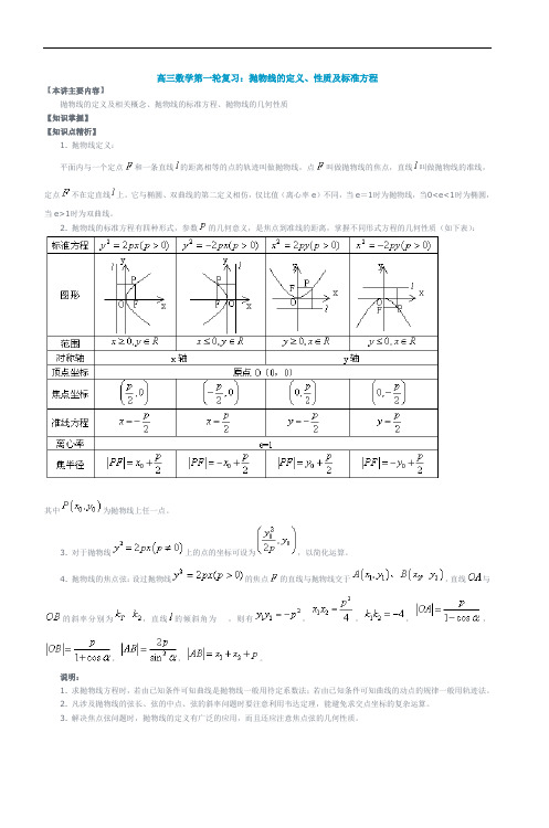 高三数学第一轮复习抛物线的定义性质及标准