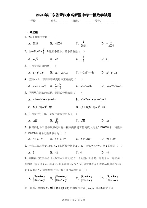 2024年广东省肇庆市高新区中考一模数学试题