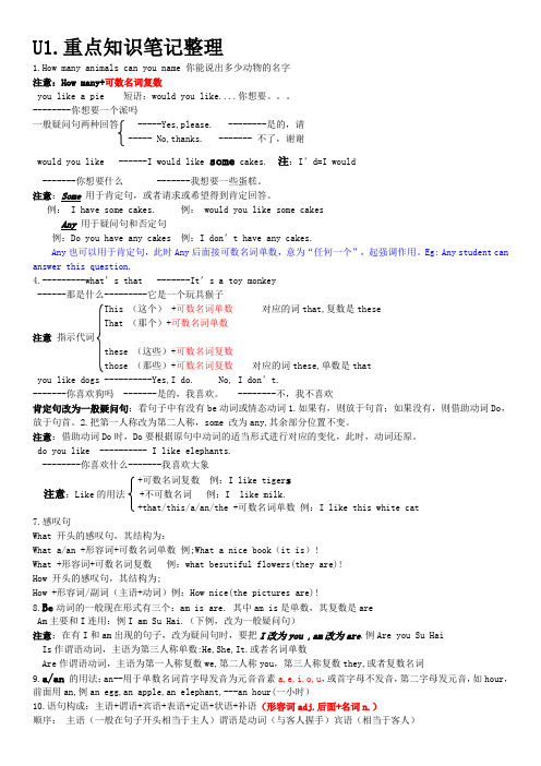 四年级英语上1-4重点知识笔记