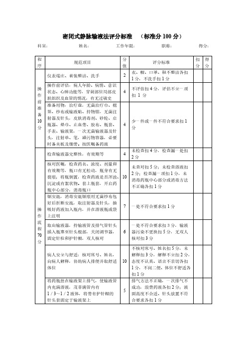 密闭式静脉输液法评分标准