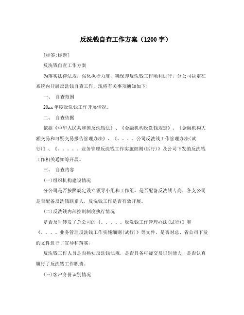 反洗钱自查工作方案(1200字)