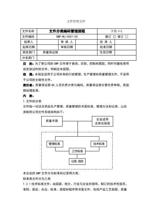 某制药公司文件分类编码管理规程