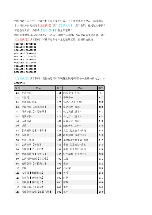 牧场物语双子村【金手指】物品代码(轻松任务)