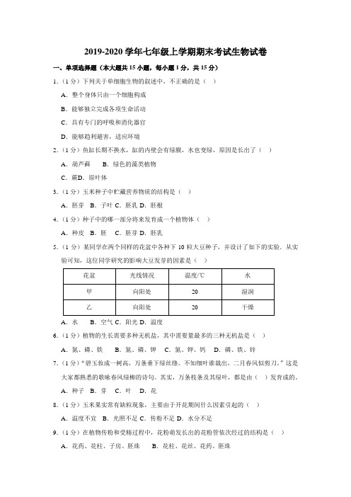 2019-2020学年新人教版七年级上学期期末考试生物试卷附答案