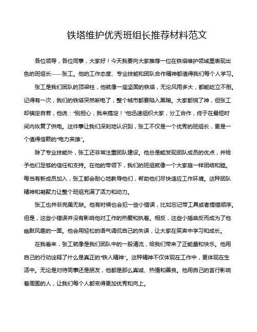 铁塔维护优秀班组长推荐材料范文