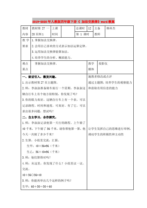 2019-2020年人教版四年级下册《 加法交换律》word教案