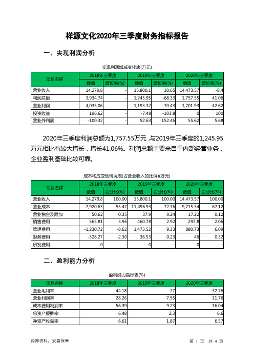 祥源文化2020年三季度财务指标报告