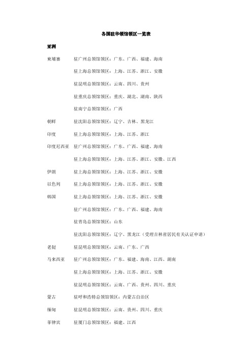 各国驻华领馆领区一览表