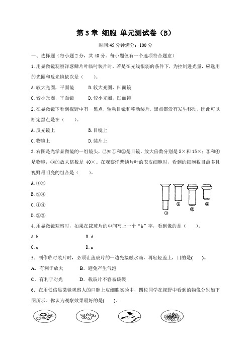 北师大版生物七年级上册 第3章 细胞 单元测试卷b(含参考答案)