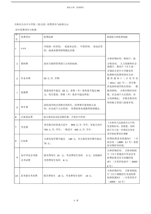 吉林市公办中小学校(幼儿园)收费项目与标准公示.doc