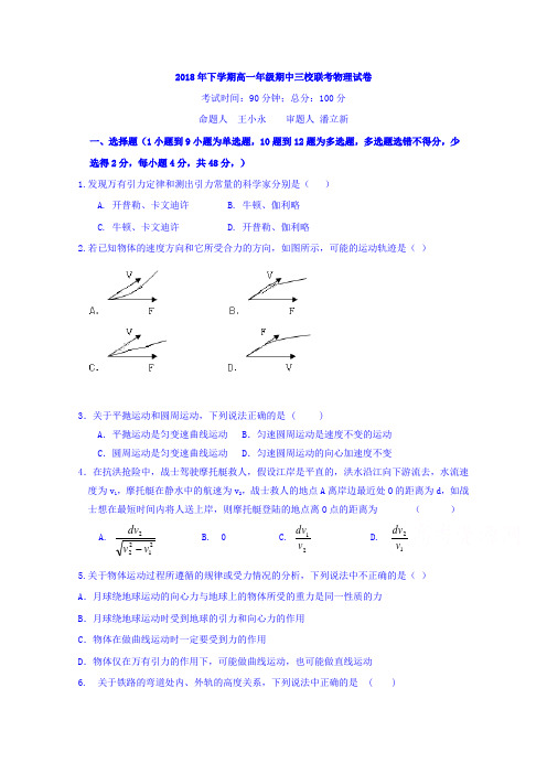 湖南省浏阳市2017-2018学年高一下学期期中三校联考物理试卷