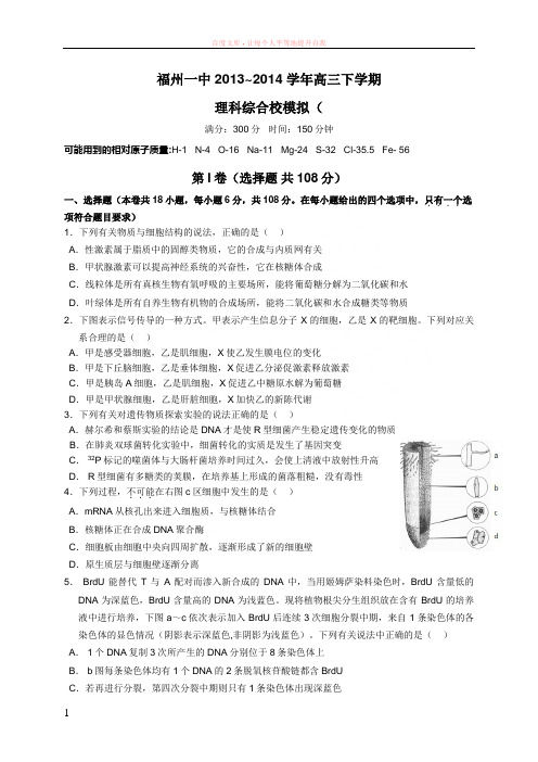 福建省福州一中2019届高三5月校质检理综试题