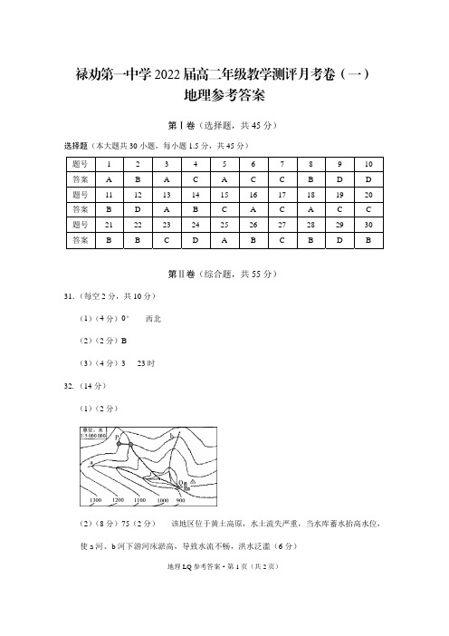 云南省禄劝一中2020-2021学年高二上学期教学测评月考卷(一)地理试卷答案