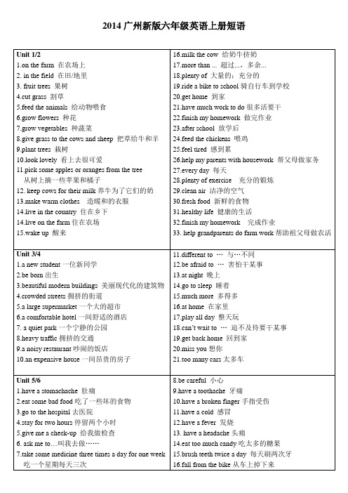 2014广州版小学英语六年级上册短语