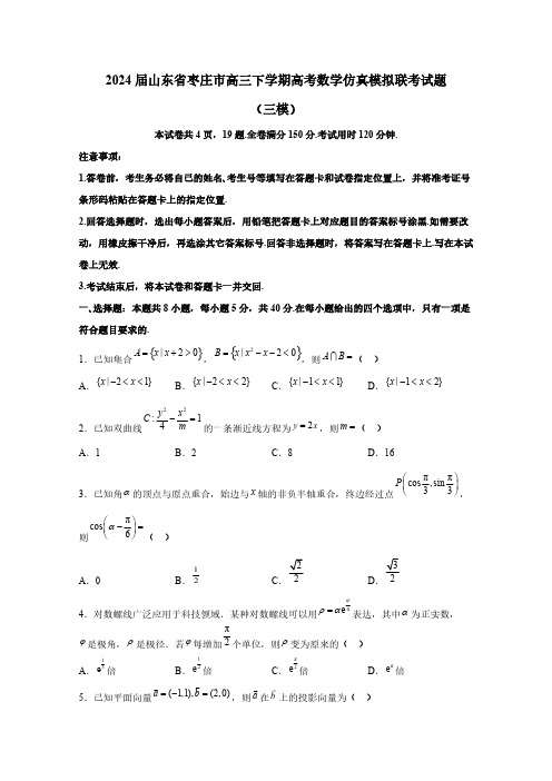 2024届山东省枣庄市高三下学期高考数学仿真模拟联考试题(三模)含解析