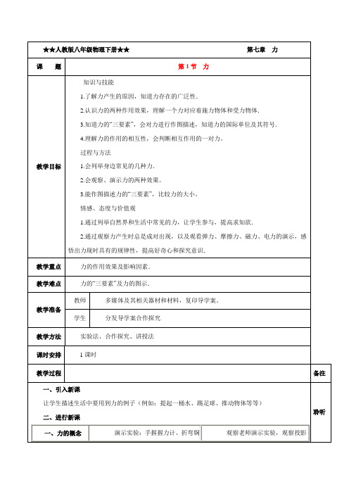 新人教版八年级下册物理：7.1 力(教学设计)