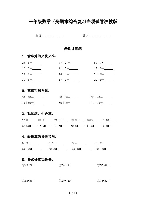 一年级数学下册期末综合复习专项试卷沪教版