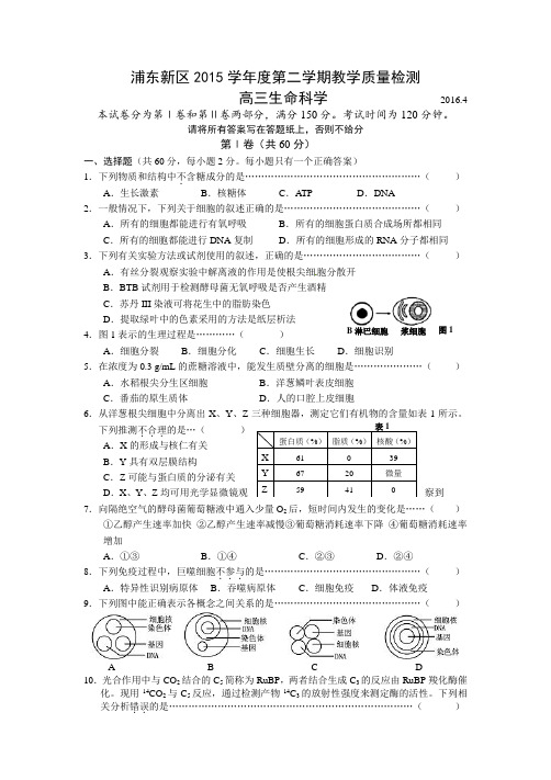 上海市浦东新区届高三4月高考模拟(二模)生命科学试题