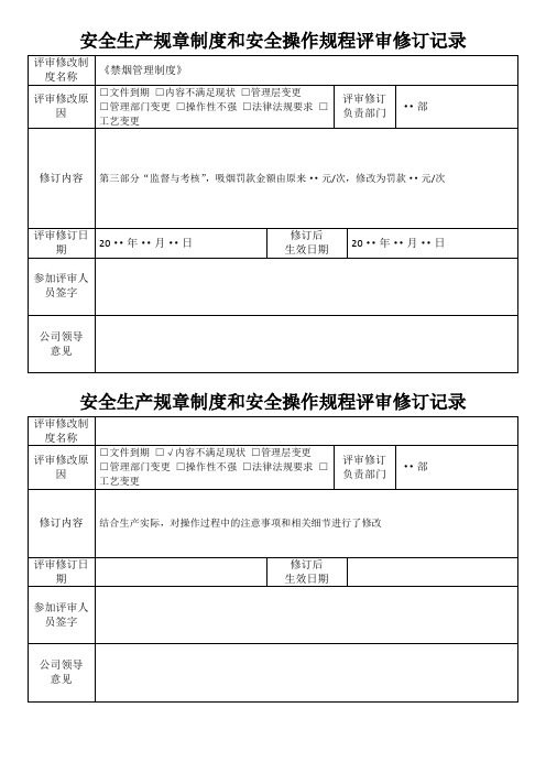 安全生产规章制度和操作规程评审修订记录