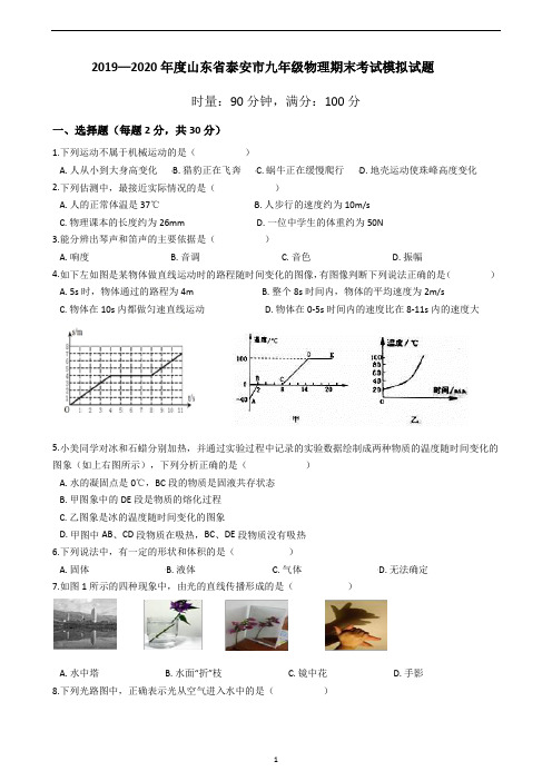 山东省泰安市九年级物理期末考试模拟试题