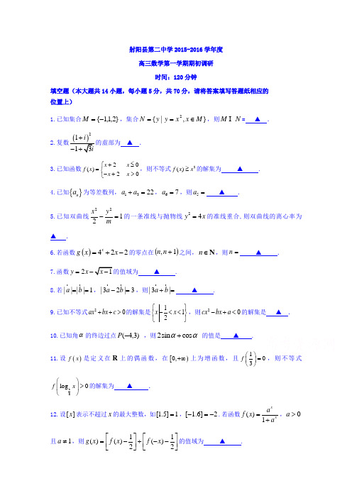 江苏省射阳县第二中学2016届高三上学期期初调研考试数学试题Word版无答案