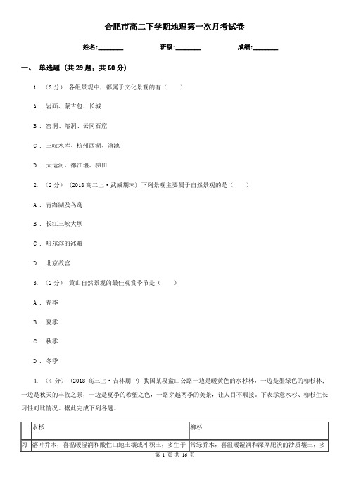 合肥市高二下学期地理第一次月考试卷