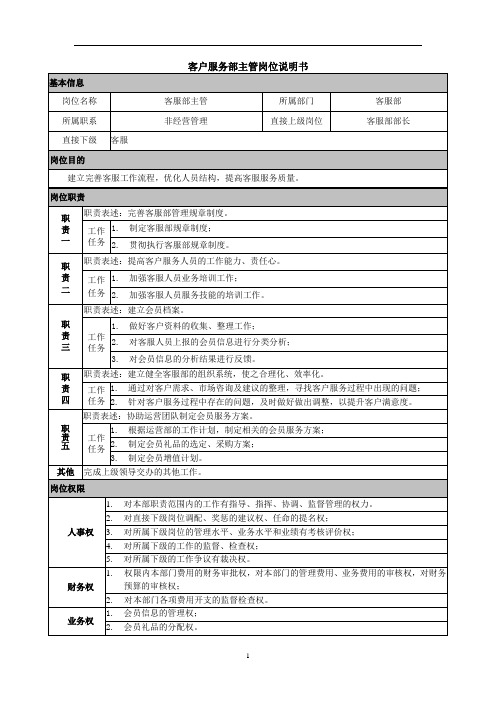 XX集团公司客服服务部主管岗位职责说明书