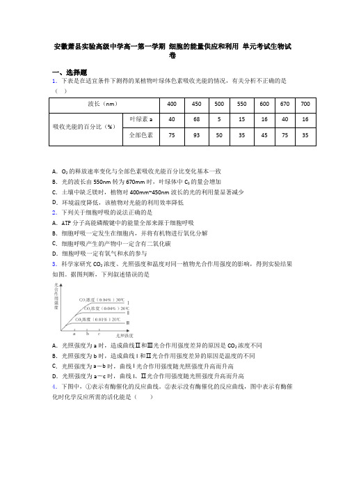 安徽萧县实验高级中学高一第一学期 细胞的能量供应和利用 单元考试生物试卷