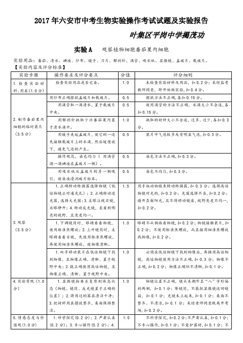 2017年六安市中考生物实验操作考试试题及实验报告