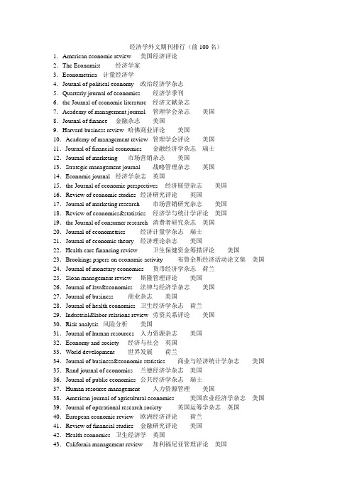 经济学外文期刊排行