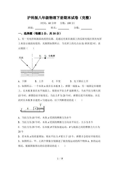 沪科版八年级物理下册期末试卷(完整)