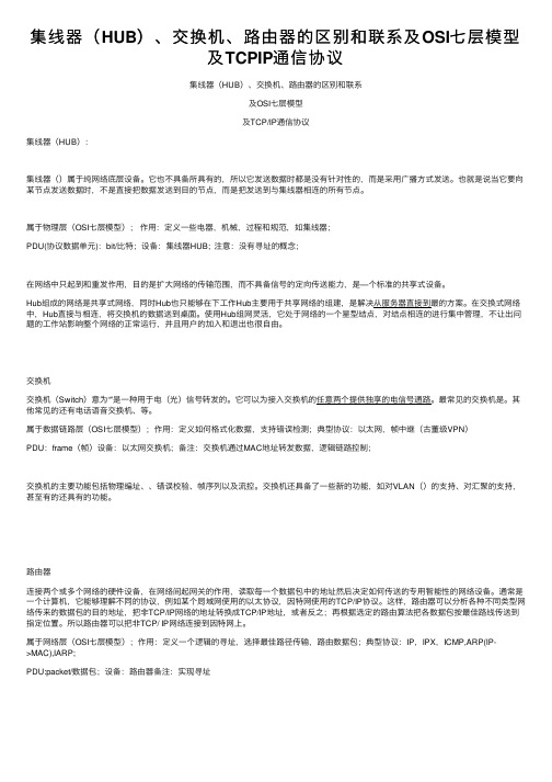 集线器（HUB）、交换机、路由器的区别和联系及OSI七层模型及TCPIP通信协议