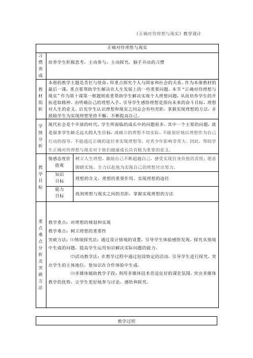 初中政治---正确对待理想与现实的教学设计