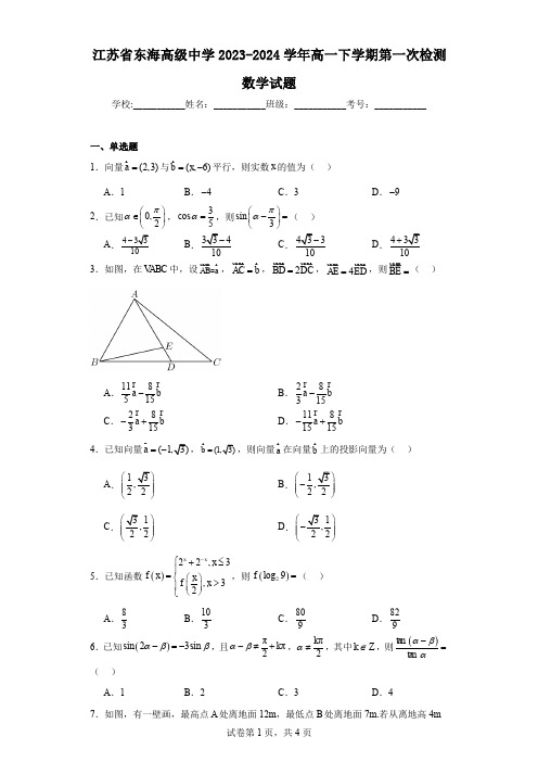 江苏省东海高级中学2023-2024学年高一下学期第一次检测数学试题