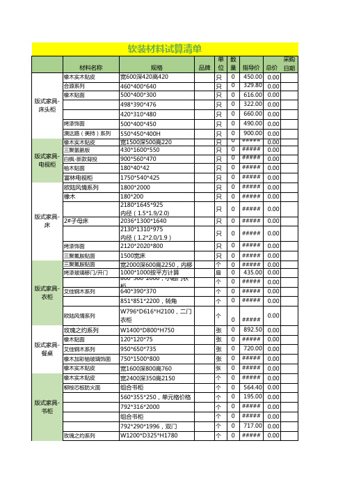 装修软装材料试算清单