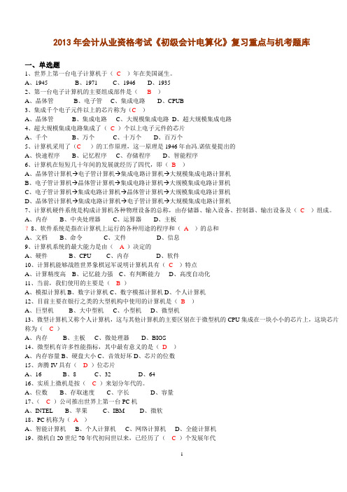 2013年初级会计电算化复习重点与机考题库2资料