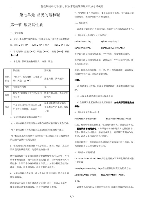 鲁教版初中化学-第七单元-常见的酸和碱知识点总结梳理