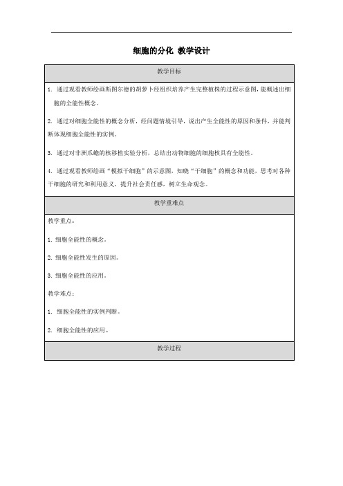 高中生物人教版2019 必修1 6 2细胞的分化教学设计    